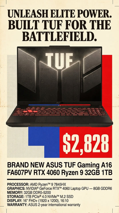 BRAND NEW ASUS TUF Gaming A16 FA607PV RTX 4060 Ryzen 9 32GB 1TB