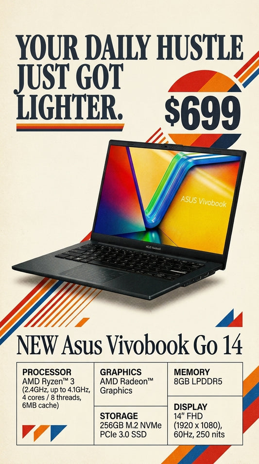 BRAND NEW ASUS Vivobook Go 14 AMD Ryzen 3 8GB 256GB (Mixed Black)