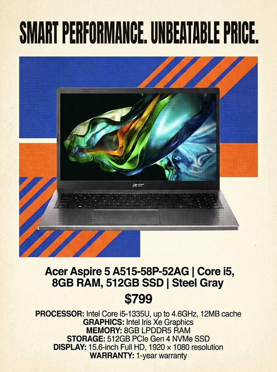 DEMO UNIT Acer Aspire 5 A515-58P-52AG | Core i5, 8GB RAM, 512GB SSD | Steel Gray