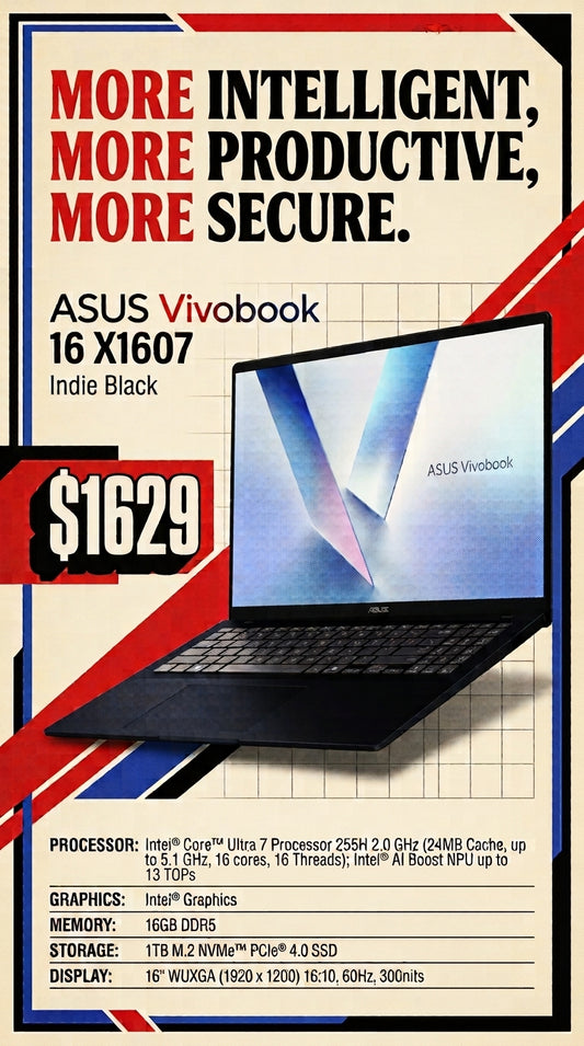 BRAND NEW ASUS Vivobook 16 X1607 Core Ultra 7 16GB 1TB Indie Black